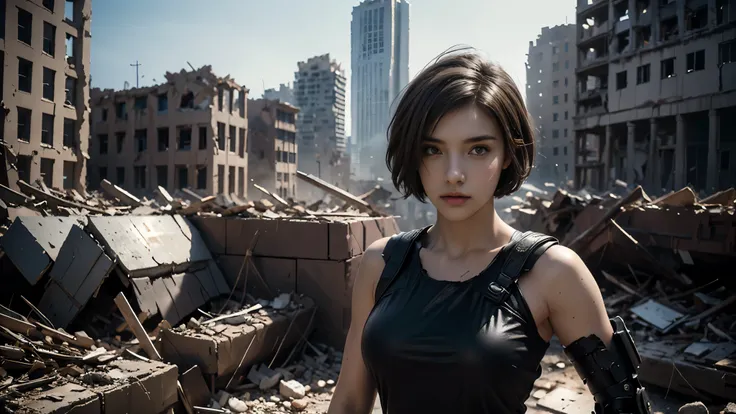 masterpiece, high resolution,8K,( Portrait Photos:1.5),(R Original Photo),Reality,Digital Photography,(Ruins of the Apocalypse ),City ruins,20 year old pretty female ,Short hair,Shut up, post-apocalyptic scene , Upper body photography ,Damaged Armor, Se...