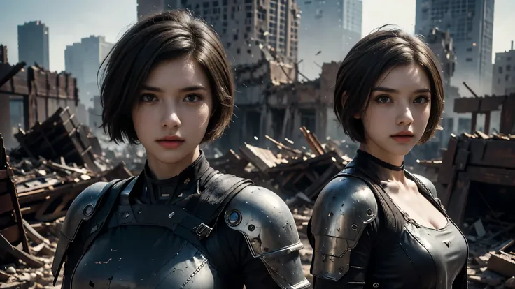 masterpiece, high resolution,8K,( Portrait Photos:1.5),(R Original Photo),Reality,Digital Photography,(Ruins of the Apocalypse ),City ruins,20 year old pretty female ,Short hair,Shut up, post-apocalyptic scene , Upper body photography ,Damaged Armor,Ful...