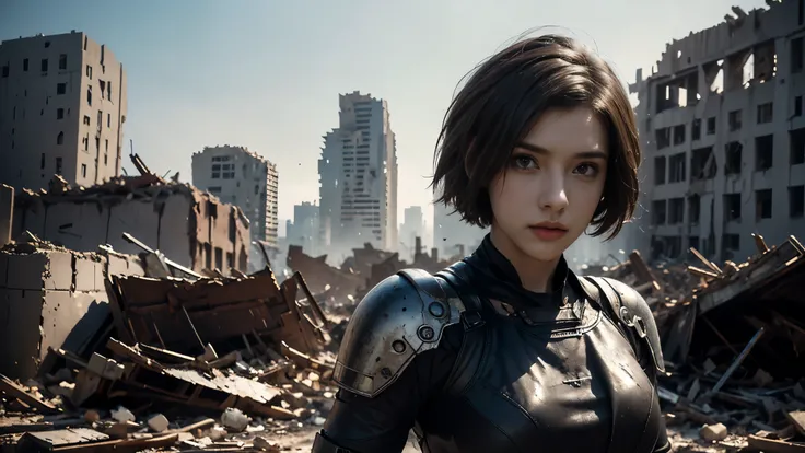 masterpiece, high resolution,8K,( Portrait Photos:1.5),(R Original Photo),Reality,Digital Photography,(Ruins of the Apocalypse ),City ruins,20 year old pretty female ,Short hair,Shut up, post-apocalyptic scene , Upper body photography ,Damaged Armor,Ful...