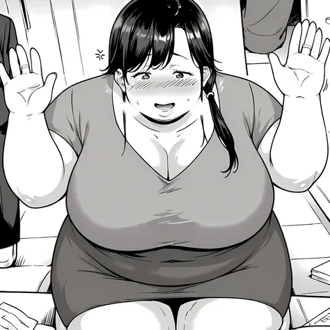 score_9, score_8_up, score_7_up, monochrome, manga_source, best background, detailed background, manga, greyscale, monochrome  Onna, smile, open mouth, shirt, skirt, sitting, short sleeves, thighs, solo focus, hand up, miniskirt, kneeling, facing viewer, s...