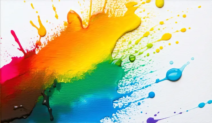 A dripping brush leaving trails of vivid rainbow-colored paint on a white canvas, droplets and streaks adding depth and texture, minimalistic yet expressive composition, mood of inspiration and creation, Macro photography