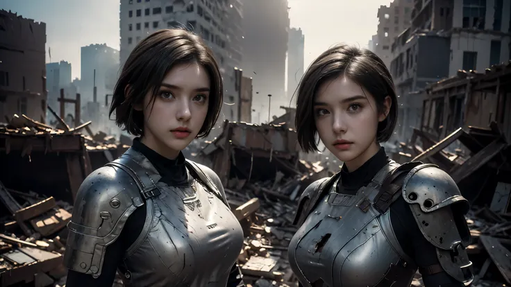 masterpiece, high resolution,8K,( Portrait Photos:1.5),(R Original Photo),Reality,Digital Photography,(Ruins of the Apocalypse ),City ruins,20 year old pretty female ,Short hair,Shut up, post-apocalyptic scene , Upper body photography ,Damaged Armor,Ful...
