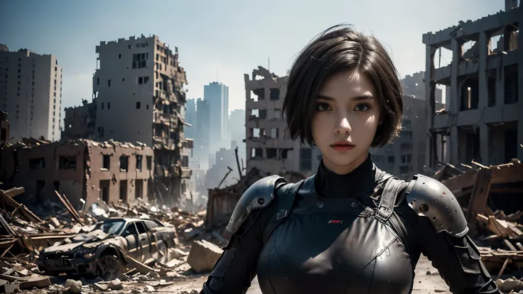 masterpiece, high resolution,8K,( Portrait Photos:1.5),(R Original Photo),Reality,Digital Photography,(Ruins of the Apocalypse ),City ruins,20 year old pretty female ,Short hair,Shut up, post-apocalyptic scene , Upper body photography ,Damaged Armor,Ful...