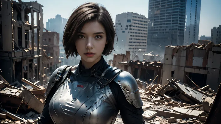 masterpiece, high resolution,8K,( Portrait Photos:1.5),(R Original Photo),Reality,Digital Photography,(Ruins of the Apocalypse ),City ruins,20 year old pretty female ,Short hair,Shut up, post-apocalyptic scene , Upper body photography ,Damaged Armor,Ful...