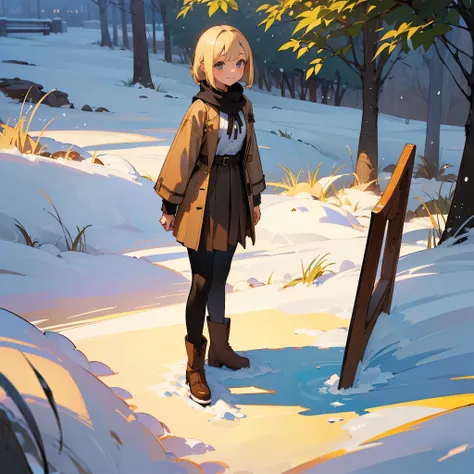 ( High Quality ,  high res, Very detailed, reality:1.37), Peaceful atmosphere, (Outdoor, garden ,snow),  teenage girl standing alone, Beautiful details,  cute smile inside the Kyoden, (Blonde Bob ), Ribbed sweater,Brown skirt,  black tights ,  brown boots ...