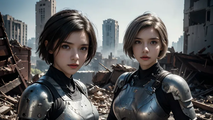 masterpiece, high resolution,8K,( Portrait Photos:1.5),(R Original Photo),Reality,Digital Photography,(Ruins of the Apocalypse ),City ruins,20 year old pretty female ,Short hair,Shut up, post-apocalyptic scene , Upper body photography ,Damaged Armor,Ful...