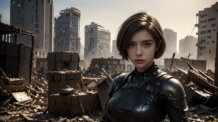 masterpiece, high resolution,8K,( Portrait Photos:1.5),(R Original Photo),Reality,Digital Photography,(Ruins of the Apocalypse ),City ruins,20 year old pretty female ,Short hair,Shut up, post-apocalyptic scene , Upper body photography ,Damaged Armor,Ful...
