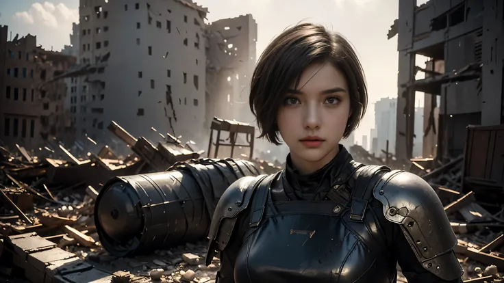 masterpiece, high resolution,8K,( Portrait Photos:1.5),(R Original Photo),Reality,Digital Photography,(Ruins of the Apocalypse ),City ruins,20 year old pretty female ,Short hair,Shut up, post-apocalyptic scene , Upper body photography ,Damaged Armor,Ful...