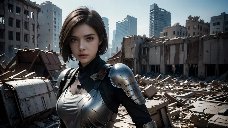 masterpiece, high resolution,8K,( Portrait Photos:1.5),(R Original Photo),Reality,Digital Photography,(Ruins of the Apocalypse ),City ruins,20 year old pretty female ,Short hair,Shut up, post-apocalyptic scene , Upper body photography ,Damaged Armor,Ful...