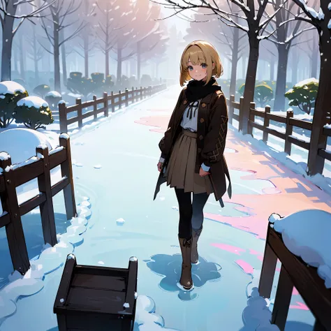 ( High Quality ,  high res, Very detailed, reality:1.37), Peaceful atmosphere, (Outdoor, garden ,snow),  teenage girl standing alone, Beautiful details,  cute smile inside the Kyoden, (Blonde Bob ), Ribbed sweater,Brown skirt,  black tights ,  brown boots ...