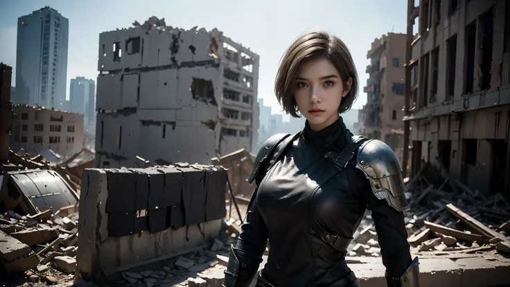 masterpiece, high resolution,8K,( Portrait Photos:1.5),(R Original Photo),Reality,Digital Photography,(Ruins of the Apocalypse ),City ruins,20 year old pretty female ,Short hair,Shut up, post-apocalyptic scene , Upper body photography ,Damaged Armor,Ful...
