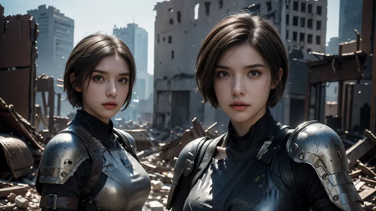 masterpiece, high resolution,8K,( Portrait Photos:1.5),(R Original Photo),Reality,Digital Photography,(Ruins of the Apocalypse ),City ruins,20 year old pretty female ,Short hair,Shut up, post-apocalyptic scene , Upper body photography ,Damaged Armor,Ful...
