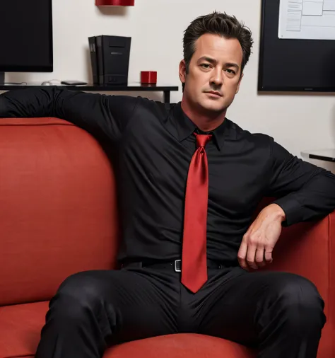  30 year old handsome, One Man,、  muscular、 Matthew Perry。  black shirt , red tie、  black slim pants 、Short Hair、office、 sit on the sofa、  black shirt、 red tie、  black slim pants 、  upper body up　Matthew Perry,　front　Menacing look