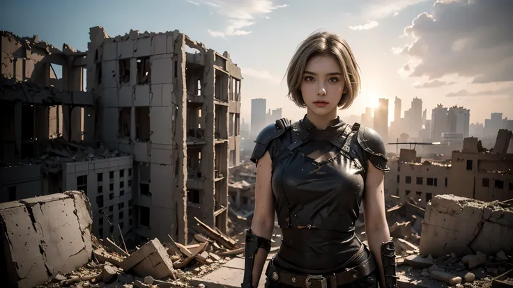 masterpiece, high resolution,8K,( Portrait Photos:1.5),(R Original Photo),Reality,Digital Photography,(Ruins of the Apocalypse ),City ruins,20 year old pretty female ,Short hair,Shut up, post-apocalyptic scene , Upper body photography ,Damaged Armor,Ful...