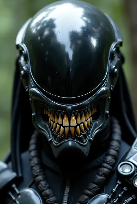 A male Yautja, wearing sleek, black chitinous tech-stealth armor made from the carapace of an Alien arthropod turned into a sleek black stealth suit, over which the character is wearing a masked PREDATOR helmet, face-mask without-eyes, the PREDATOR masks l...