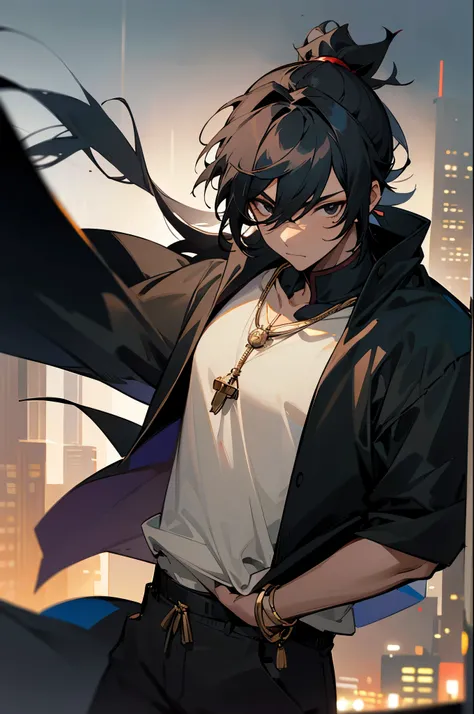 masterpiece, best quality, diluc , 1boy, male focus, Black hair, Black eyes,black skin color, long hair, solo, City background, hair between eyes, bangs, closed mouth, ponytail, Amulet, City Clothing