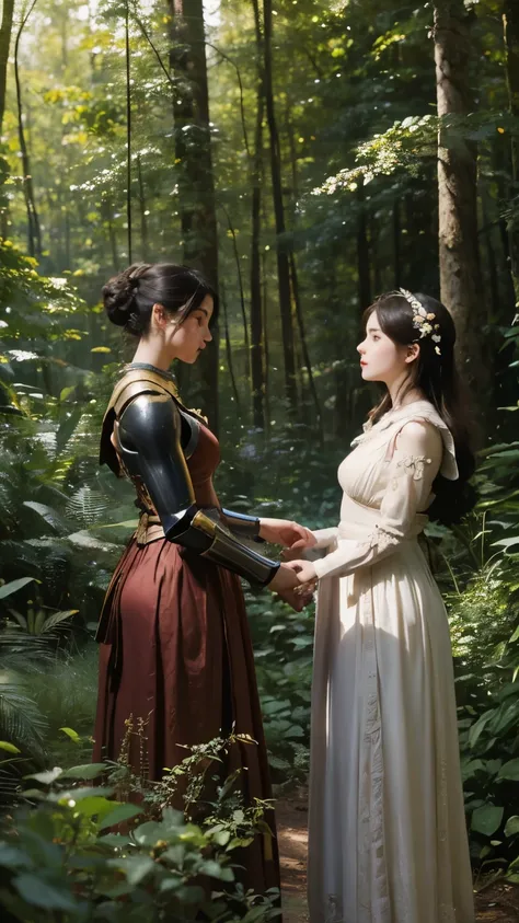 ( 2 female robot gladiators). ( Two Female Robot Gladiators Embrace Each Other in the Forest、 are kissing、20 years old)、(  Detailed Depictions of Beautiful Faces  )、Tie your hair up、Ancient Roman Dress、Take off your armor 、 put down your sword and shield 、...