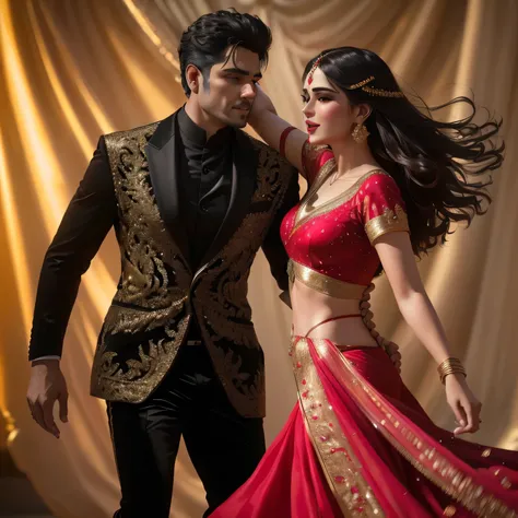 araffes are dancing in a red and gold outfit, movie promotional image, promotional movie still, portrait shot, high-res, high - res, edited, high res, couple dancing, photo taken with nikon d750, photo taken with nikon d 7 5 0, promo image, promotional ima...