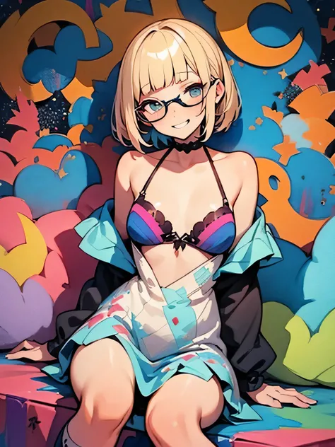 nsfw:0.6,Alone,(sitting on knee),blonde shot pixie cut,(blunt bangs),glasses,((offshoulder:1.3)),(arm back behind),Another seven color peacock bikini sexy dress,Queen,Rainbow Town ,god々Shii, have sex appeal, knee-high socks, absolute domain,smile, Graffiti...