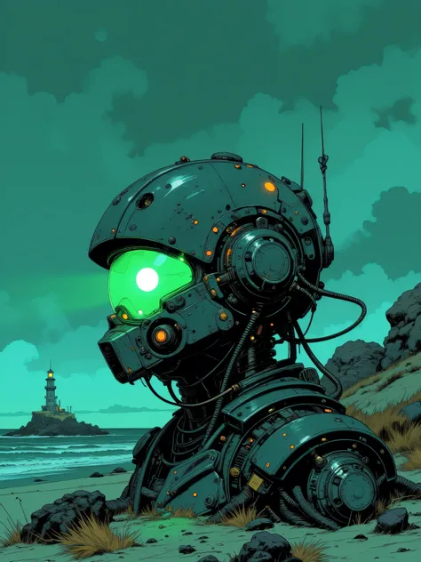  makes an image in the cyberpunk style , generates a mechanical helmet , futurist,  the helmet is on the ground ,  the scene on the seashore , It&#39;s night time,  the helmet is slightly worn ,  a bright neon green light is reflected in the helmet, In the...