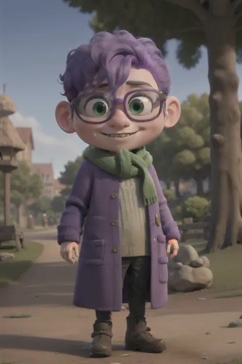  masterpiece ,  Better quality, an Alien wearing glasses and a scarf,  wearing a purple coat and green scarf, stopped in the park