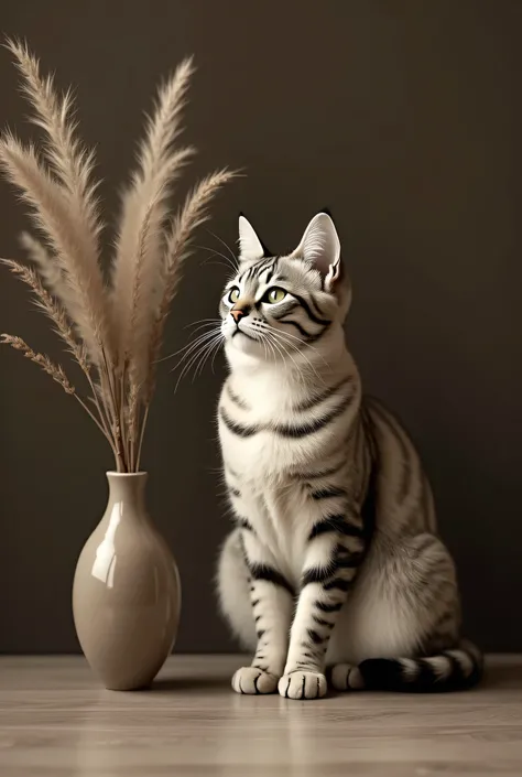  cat is sitting on the floor 、 there is a vase next to it 。, Classy cat, A captivating composition,  inspired by Frédéric Goodall,  inspired by the work of Freek Janssens, A bowl filled with gorgeous composition, Soft sepia ,  fleur fur , Majestic, Cat on ...