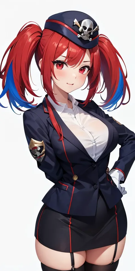 1 Female,High definition,high resolution,Ultra-realistic,8K, 1girl, solo, red hair, red eyes, twintails, employee uniform, pencil skirt, skull print, navy cap, fang, black legwear, white gloves, large breasts,European,sexy,Upper body close-up,Photographed ...