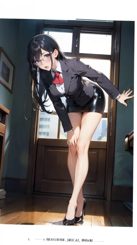 anime - style illustration of a woman in a business formal suit, tight skirt, anime character, official character art, full body, female anime girl, (black hair:1.5), (tanned:1.0), glasses, cameltoe, by the shiny building, (leaning forward:1.5), looking at...