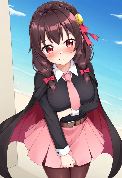 yunyun,Yunyun、1 person、solo、 high image quality、 red eyes、 black hair、 rose twin tail 、 red hair ribbon 、 hair ornament、
 brown pantyhose 、 black legwear 、 red and pink striped tie、(Pink long sleeve)、
 pink skirt、 pink blush、belt、Black Cape、 embarrassed sm...