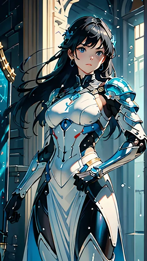 0 year old mature female gladiator robot、 whole body、 Holy Knight， Dignified pose 、I have a sword and shield、 detailed face ,  detailed skin, aura,  Black and blue sci-fi armor,  clear vinyl gloss armor with sword and shield 、 transparent PVC clothing ,  C...