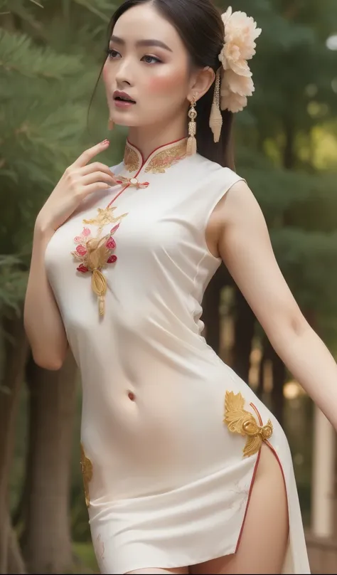 A beautiful young girl actres in ancient Chinese dress, detailed face makeup, hair tie-parted hairstyle, slim and slender figure, wide hips, ((sexy thighs)), sexy legs, standing body, detailed facial features, photorealistic portrait, cinematic lighting, h...