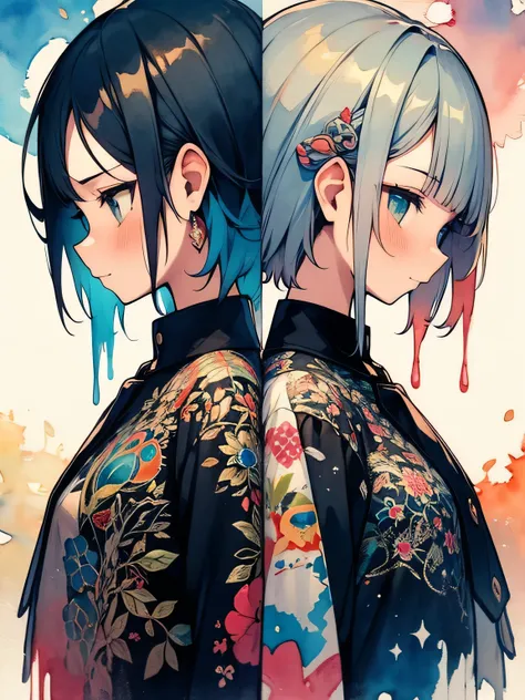 sideview+,(2girls), upperbody ,They turn their backs on each other, Red God and Blue God , Those Who Control the World , Between Illusion and Collapse , I am aware of peacock feathers, Please replace ,The King of Scales  , like a painting, ((watercolor pai...