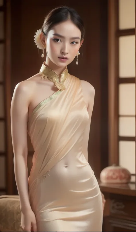 A beautiful young girl actres in ancient Chinese dress, detailed face makeup, hair tie-parted hairstyle, slim and slender figure, wide hips, ((sexy thighs)), sexy legs, standing body, detailed facial features, photorealistic portrait, cinematic lighting, h...