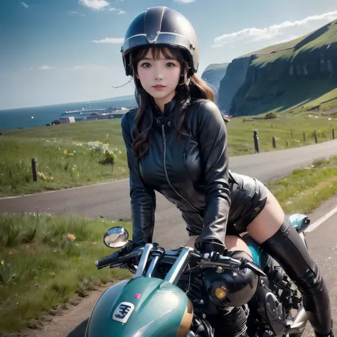 (A young female rider speeds along on a motorcycle)、Vintage Bikes、Bluff Superior SS100、Isle of Man Races、Leather jumper、Cromwell helmet with goggles、After the Rain、English countryside、(Highest quality, masterpiece, High resolution)、8k、wallpaper,masterpiece...