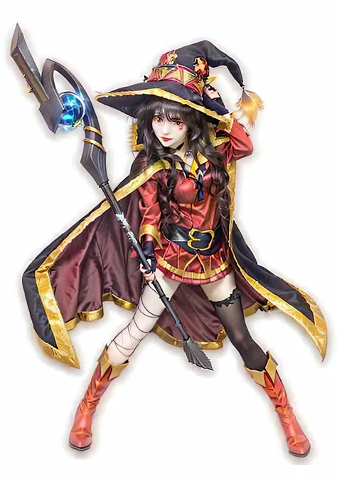 Close-up of a young female wizard, inspired by Megumin from Konosuba, holding a staff with a glowing orb, wearing a red and black robe with gold trims, black hair flowing naturally, wide-brimmed wizard hat, intricate patterns, half invoker half wizard, cin...