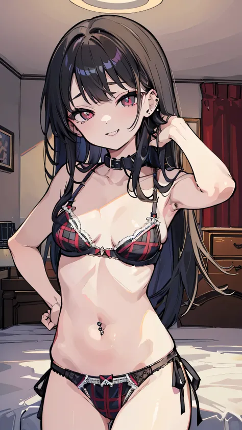 ((masterpiece、 top quality 、 very detailed))、 One Girl 、 black hair、 longhair 、 gray eyes、evil smile、((lots of piercing))、 small breasts、((plaid bra))、((plaid panties))、 cowboy shot、Bedroom Background