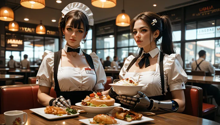 Cyborg woman waitress in a luxury restaurant