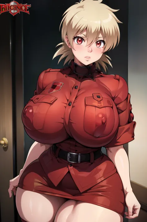 High resolution, Hellsing Ultimate art style, Seras Victoria, 1girl, ((bimbo))), short blond hair, red eyes, puffy lips, thick lips, wide hips, thick thighs, enormous fake breast, huge ass, round fake breasts, enormous round breasts, romantic cute face, gi...