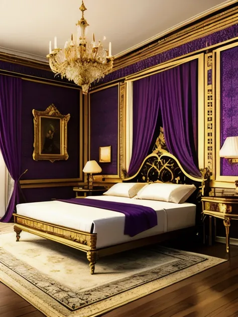 a close up of a bed in a room with a purple bed cover, lavish rococo baroque setting, in a bedroom!!!!!!!!!!!!!!!!!!!!, rococo style, rococo baroque, extremely opulent, victorian room, baroque style, bed room, royal interior, rococo and art nouveau fusion,...