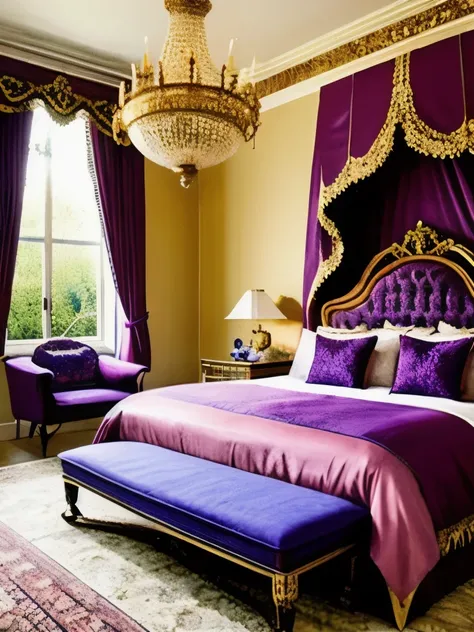 a close up of a bed in a room with a purple bed cover, lavish rococo baroque setting, in a bedroom!!!!!!!!!!!!!!!!!!!!, rococo style, rococo baroque, extremely opulent, victorian room, baroque style, bed room, royal interior, rococo and art nouveau fusion,...