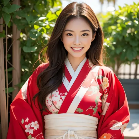 (SeaArt is 、 A beautiful woman is wearing a red kimono  、  Please create an amazing photorealistic image  )、 whole body、Approximately 25 years old 、  A beautiful woman smiling and showing white teeth like a brightly colored Japanese photo 、  long brown hai...