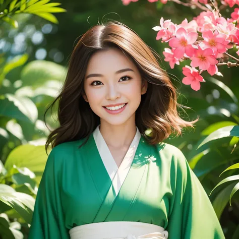 (SeaArt is 、 A beautiful woman is wearing a green kimono 、  Please create an amazing photorealistic image  )、 whole body、Approximately 25 years old 、  A beautiful woman smiling and showing white teeth like a brightly colored Japanese photo 、  long brown ha...