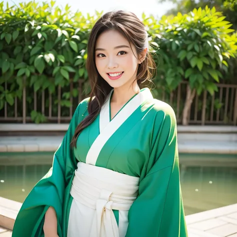 (SeaArt is 、 A beautiful woman is wearing a green kimono 、  Please create an amazing photorealistic image  )、 whole body、Approximately 25 years old 、  A beautiful woman smiling and showing white teeth like a brightly colored Japanese photo 、  long brown ha...