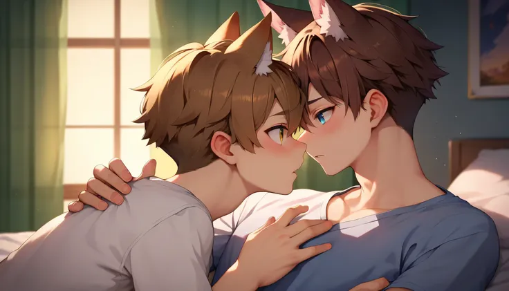 ( young boy,  Wolf Ears ),  1 boy (blond),  1 boy ( Brown hair )，dusk, In the bedroom,  Hand in Hand ,  blush, Staring at each other