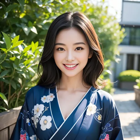 (SeaArt is 、 A beautiful woman is wearing a dark blue kimono 、  Please create an amazing photorealistic image  )、 whole body、Approximately 25 years old 、  A beautiful woman smiling and showing white teeth like a brightly colored Japanese photo 、  long brow...