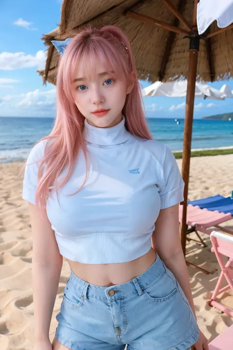 Gorgeus Girl, Beautiful, Baby Face, 20 Years Old, White Skin, Cleavage, Huge , Sideways Position, Straps, Turtleneck Crop Top, Mini Shirt, shorts, Blue Eyes, Muscle , Bokeh, Beautiful beach background, Masterpiece, Full body shot, Straight Pink Hair