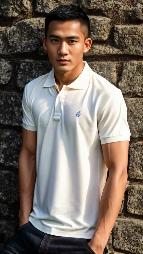 Thai man ,man，He is about 30 years old..，Rough and handsome appearance，large breastsj，Big waistline，buzz cut, angry, sullen, best quality, Masterpiece，（Have muscles：4.5），(best quality,high resolution,Masterpiece:1.2),The eyes are natural and delicate..,1 p...
