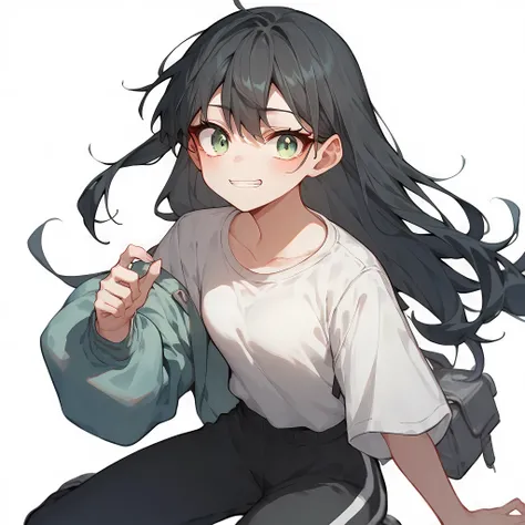 1girl, teenager, white skin, long black hair, light green eyes, happy expression, white shirt, black sports pants, gray shoes, anime style, digital art, white background, icon