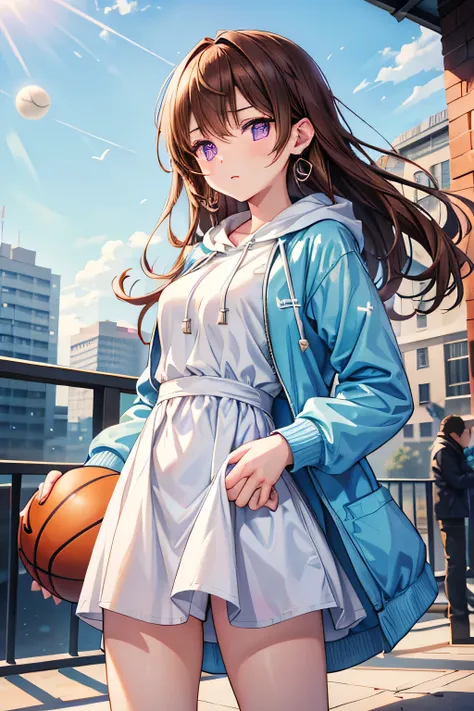 
An anime-style girl stands in a cold winter park, exhaling white breath as she holds a basketball in front of her face with both hands.

She has medium hair hair with sideburns and sauvage.
She has medium hair hair with sideburns and sauvage,wears moon-sh...