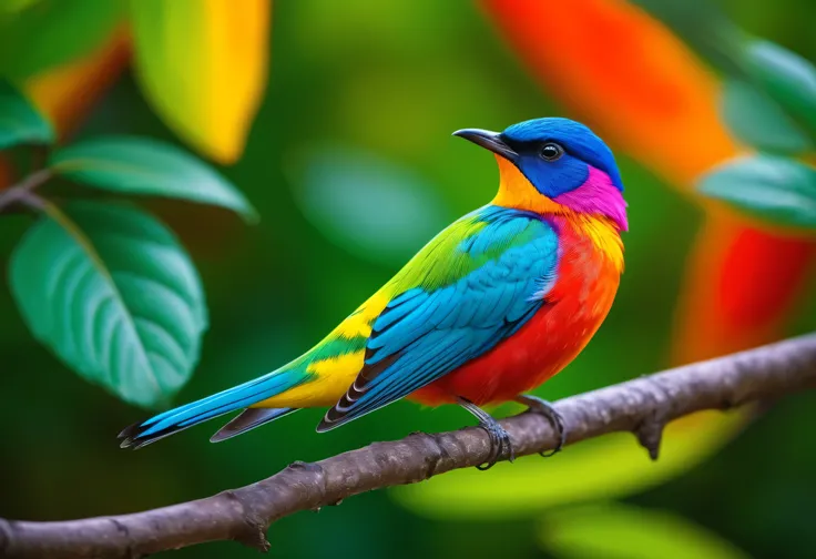  brightly colored bird perched on a branch with leaves in the background,   colorful HD images  , Colorful Birds,  beautiful、 and colorful , Colorful Birdsと長い,   beautiful colorful, Colorful 8k,  beautiful vivid colors, Colorful feathers,   colorful and de...